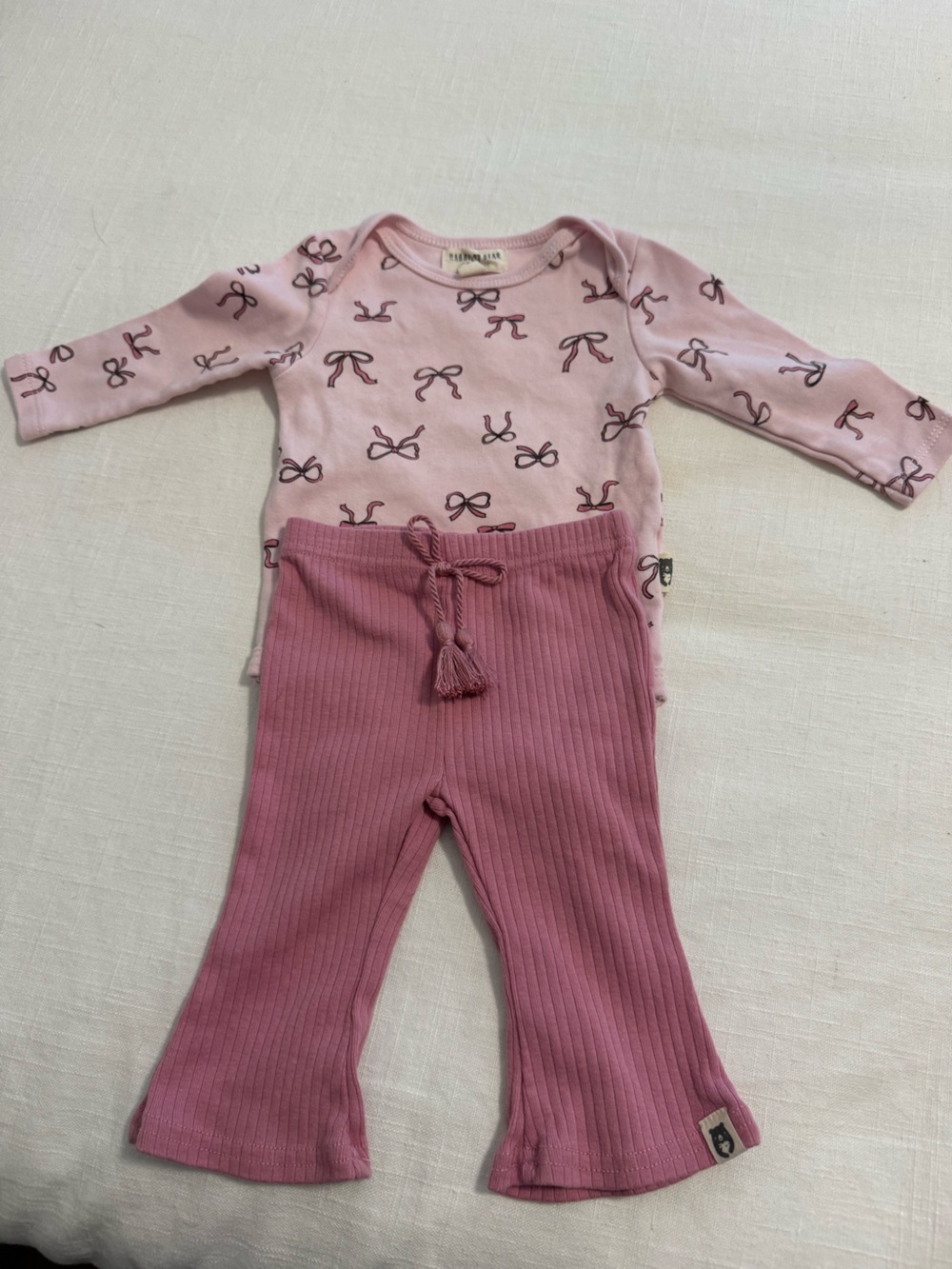 Pink Bow Print Top and Ribbed Pink Pants Kids Matching Set